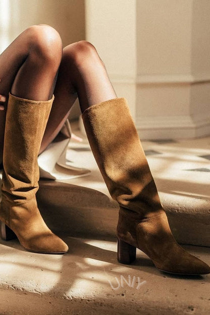 Delphine | Bottes Hautes Camel en Suédine à Talon Bloc