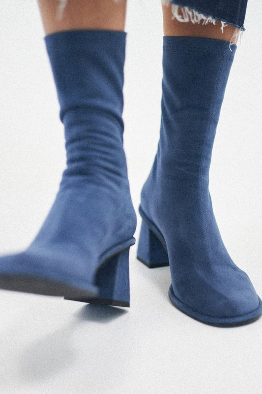 Sylvie | Bottines Bleu Doux à Talon Épais