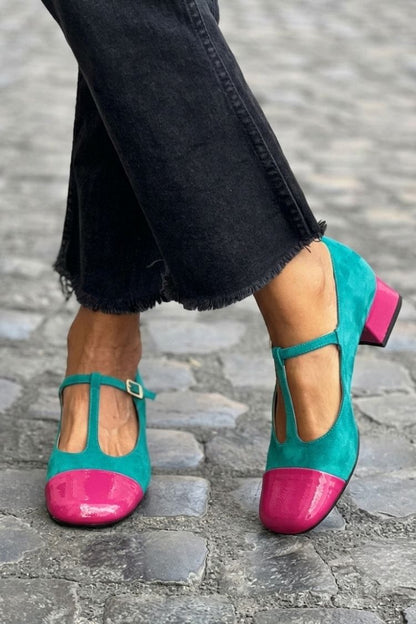 talons chunky violets à bout rond et bride en T à boucle color block.