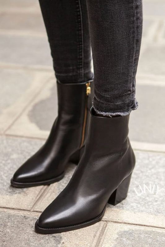 Virginie | Bottines Noires à Talon Bloc et Bout Pointu