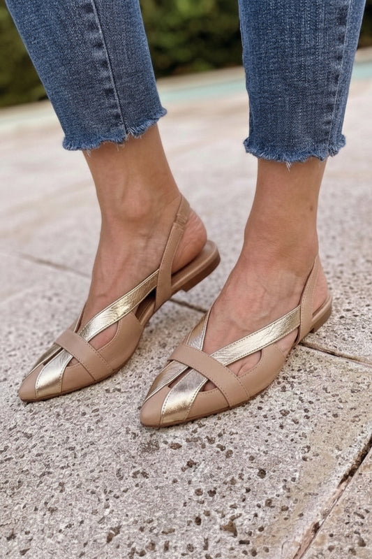 Ballerines pointues slingback à découpes métallisées chic Marron et Or