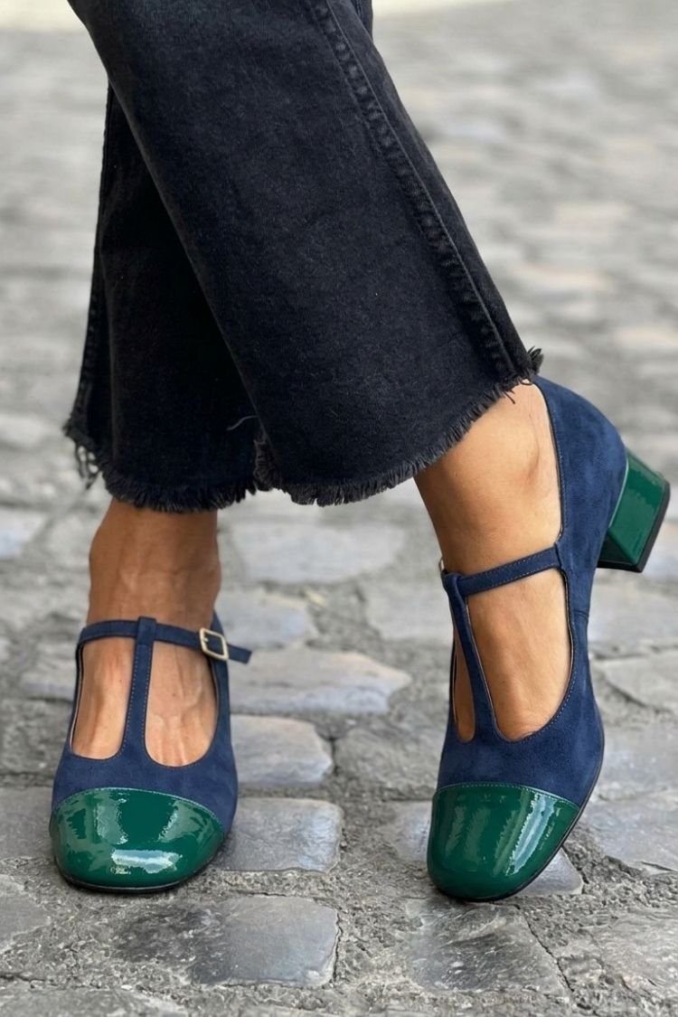 talons chunky violets à bout rond et bride en T à boucle color block.