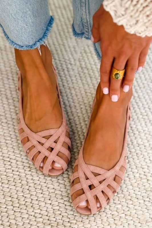 Ballerines chic tressées à découpes en suédine Vieux Rose avec brides