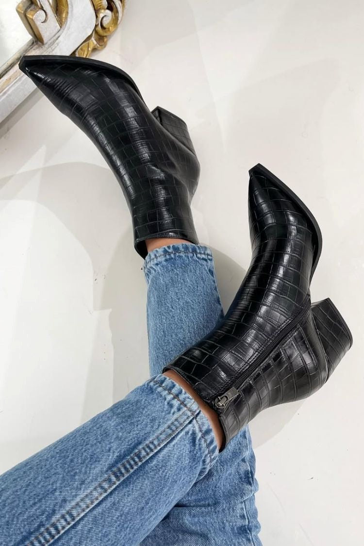 Romane | Bottines Noires Effet Croco à Talon Carré et Zip