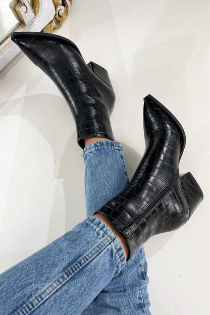 Romane | Bottines Noires Effet Croco à Talon Carré et Zip