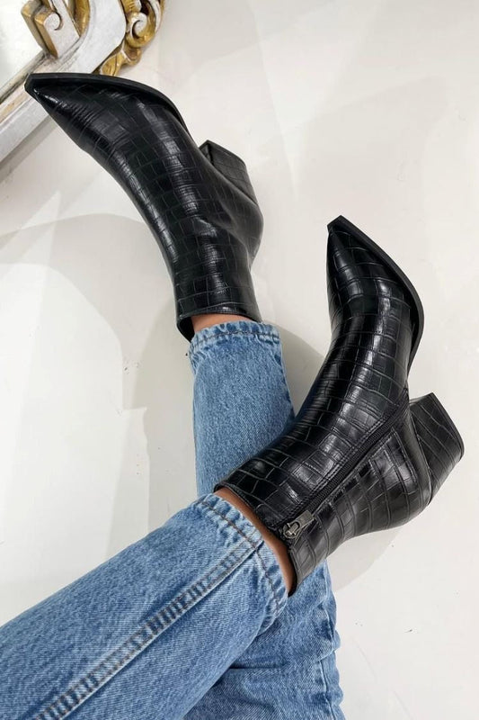 Romane | Bottines Noires Effet Croco à Talon Carré et Zip