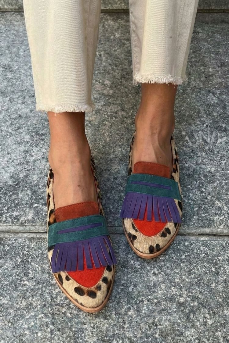 Geneviève | Mocassins Léopard Color Block à Franges