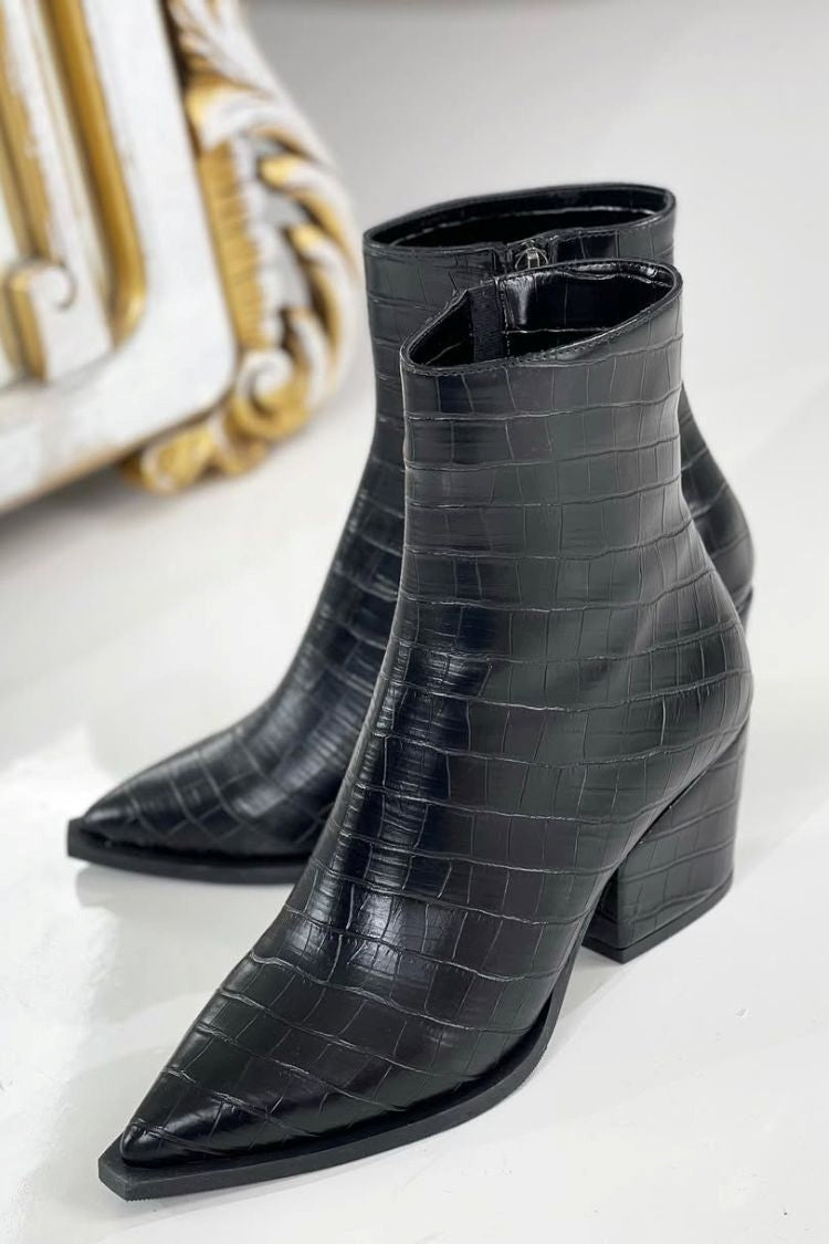 Romane | Bottines Noires Effet Croco à Talon Carré et Zip