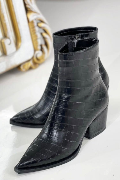Romane | Bottines Noires Effet Croco à Talon Carré et Zip