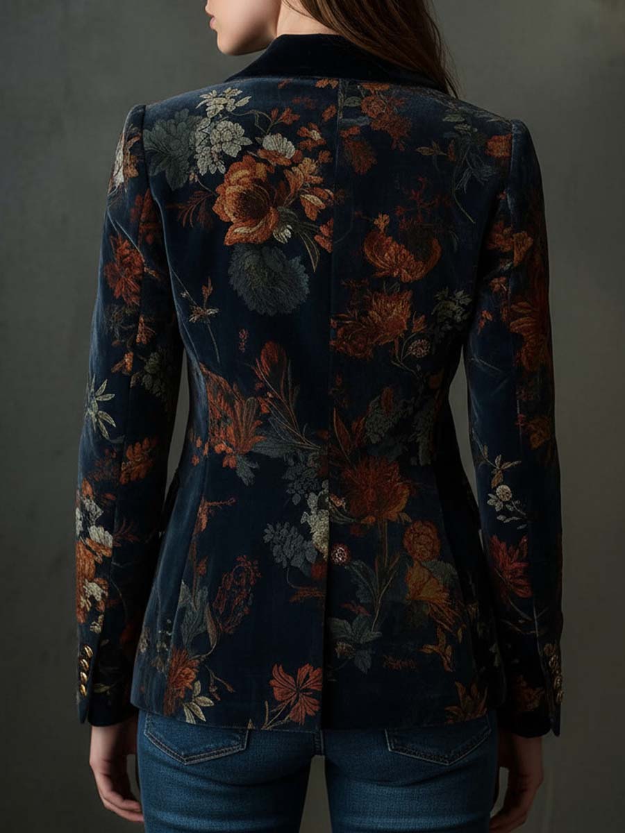 Aurélienne | Blazer en Velours Fleuri à Boutons Métalliques