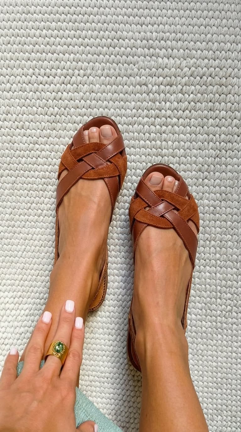 Sandales plates slingback Marron à bout ouvert et brides croisées