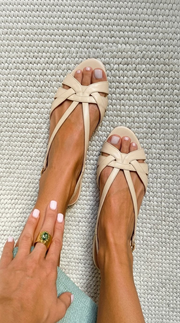 Sandales plates slingback peep toe Nude à brides croisées