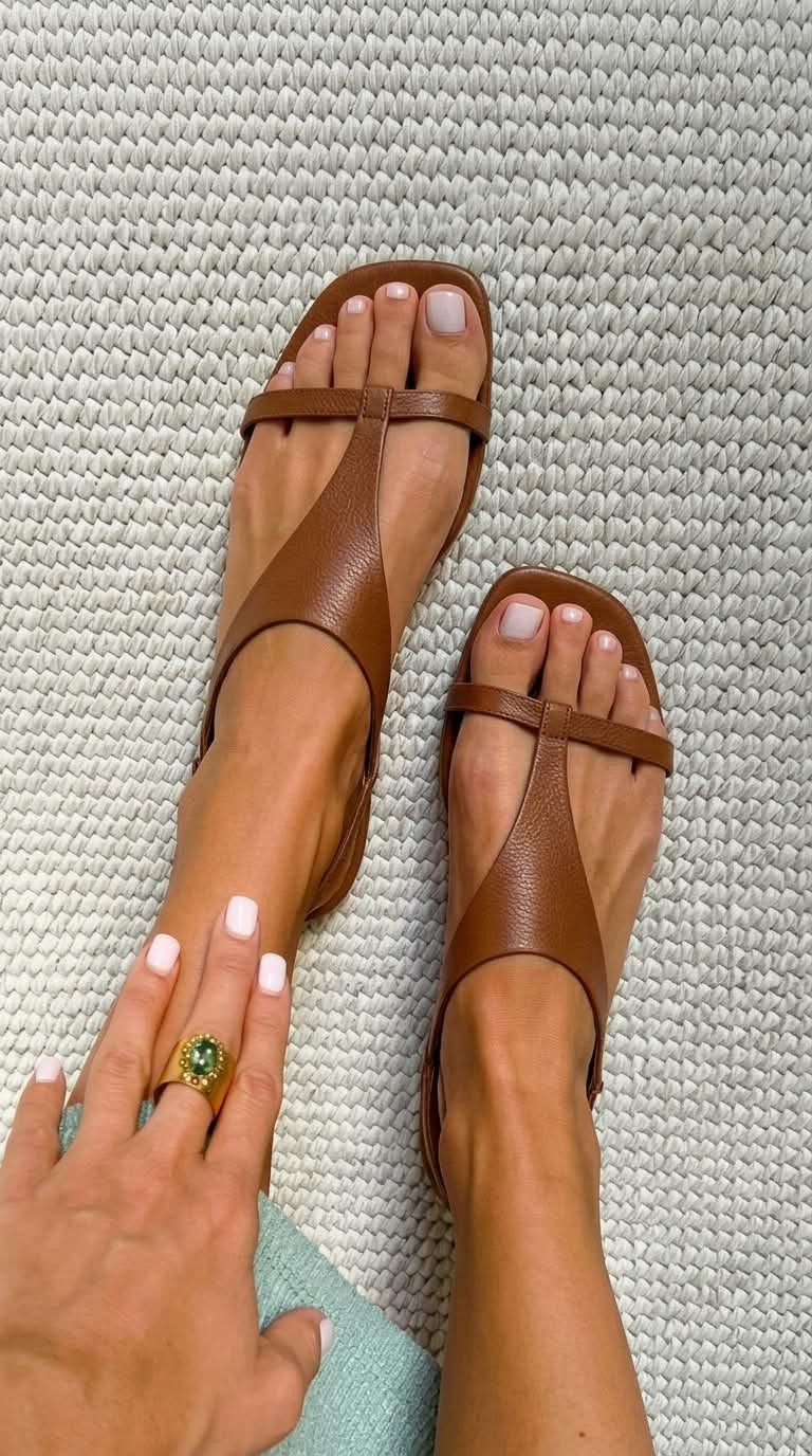 Sandales slingback plates Cognac à bout carré en cuir