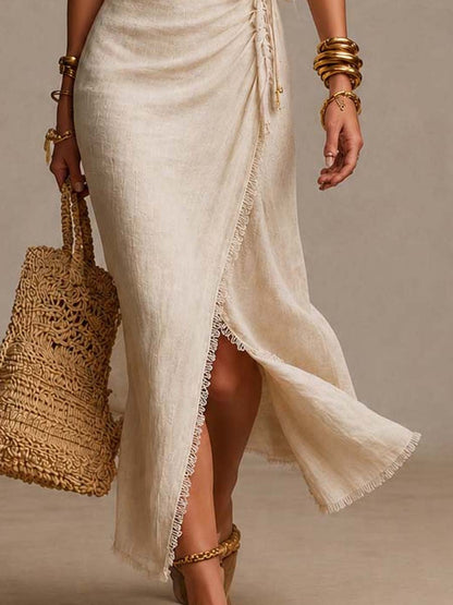 BIANCA | Robe midi en lin naturel à encolure croisée devant, volant et bordure en dentelle