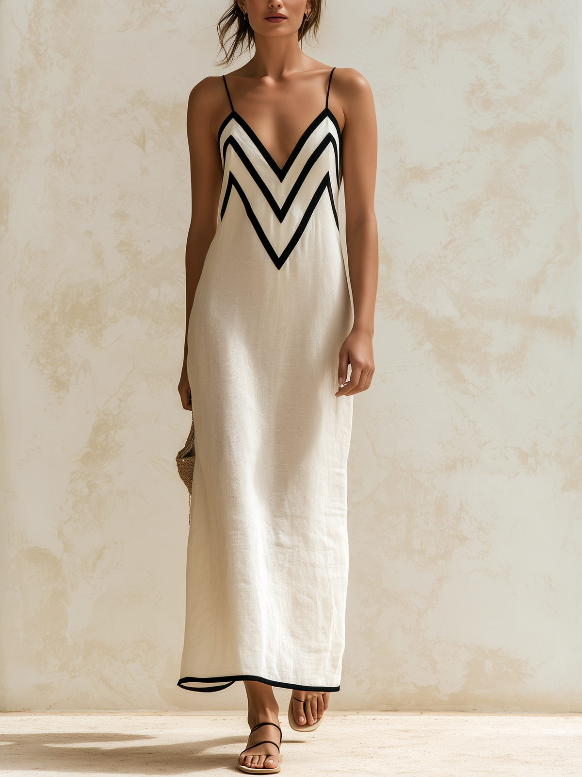 Inma | Robe longue style nuisette à bordures contrastées et motif zigzag