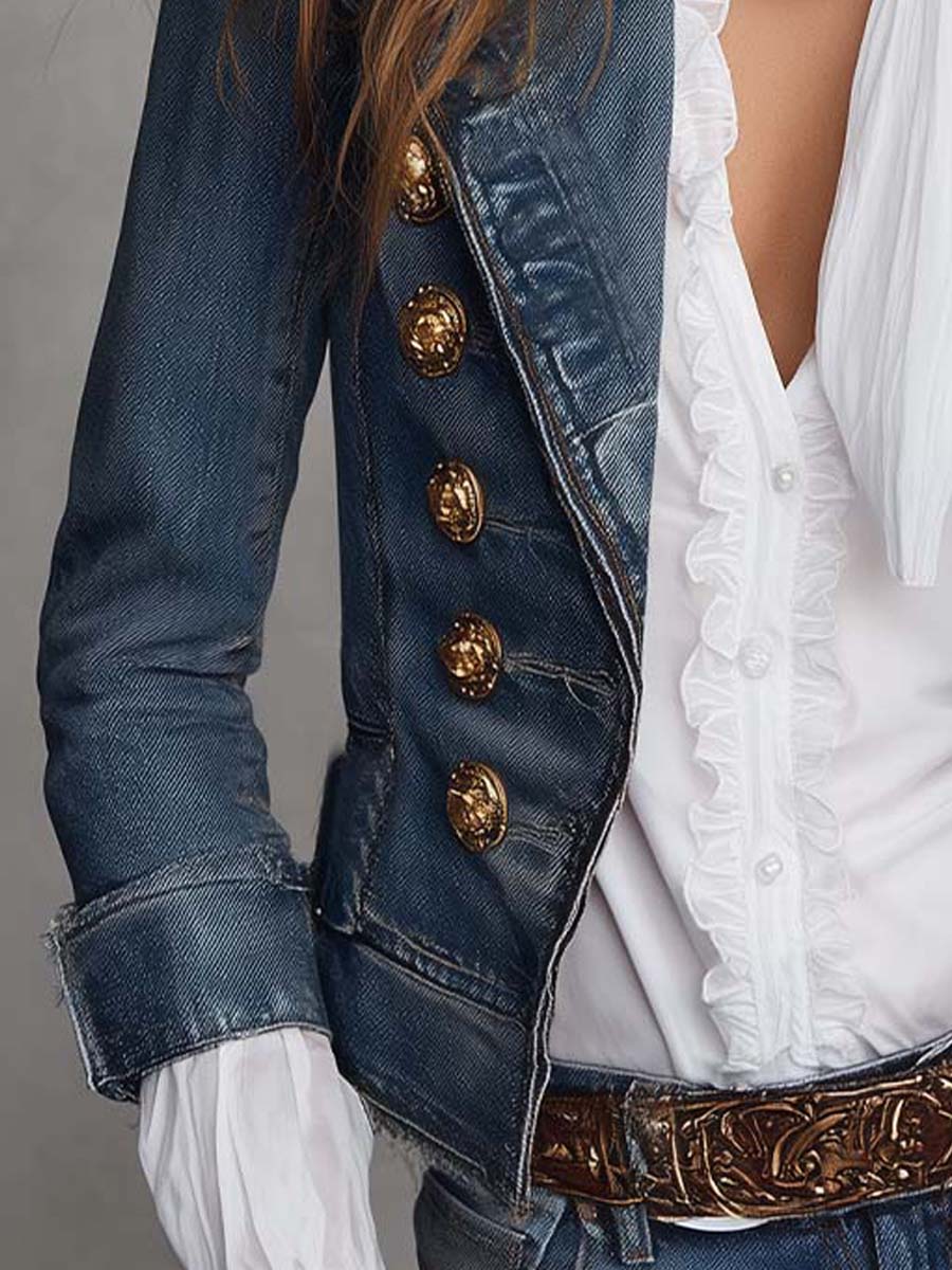 Mahaut | Blazer Court en Denim Croisé à Boutons Dorés