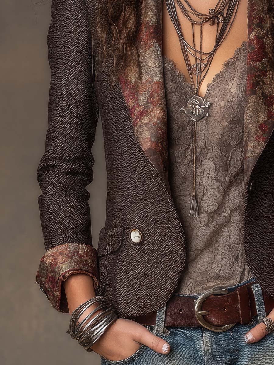 Ambre | Blazer Chevrons à Revers Fleuris