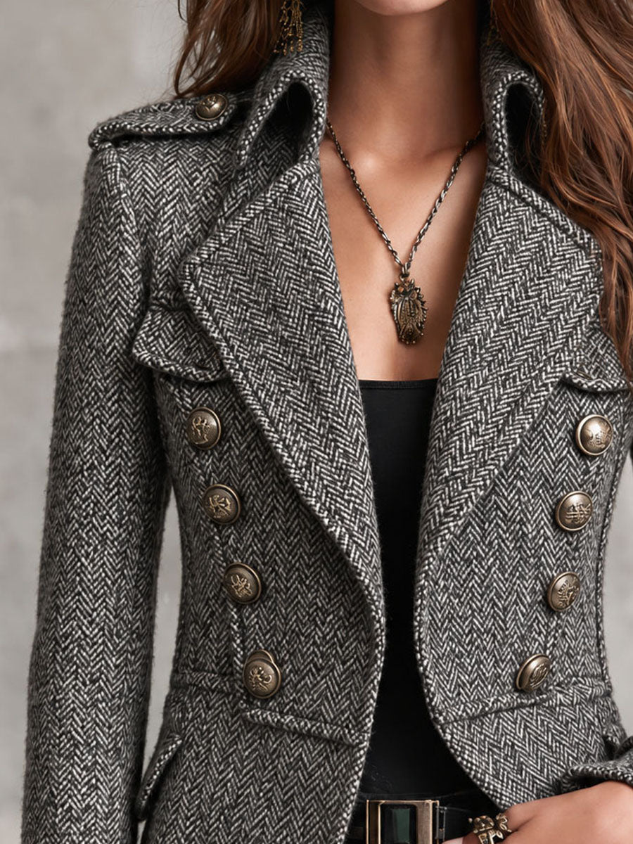 Firmine | Veste Militaire Courte en Chevrons à Boutons Bronze