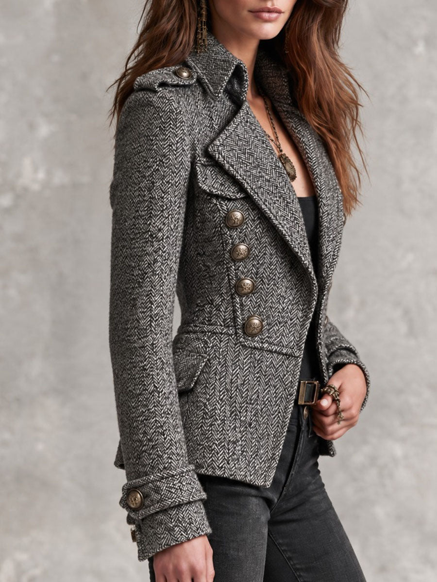 Firmine | Veste Militaire Courte en Chevrons à Boutons Bronze