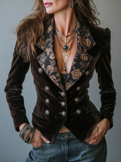 Léontine | Blazer Croisé en Velours à Revers Fleuri