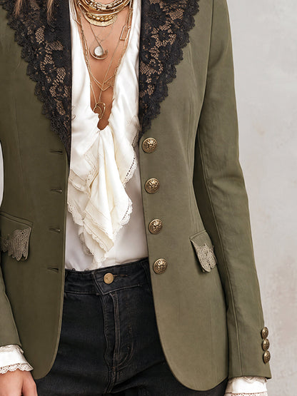 Hyacinthe | Blazer Vert Olive à Revers en Dentelle