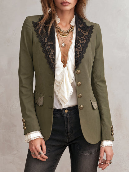 Hyacinthe | Blazer Vert Olive à Revers en Dentelle