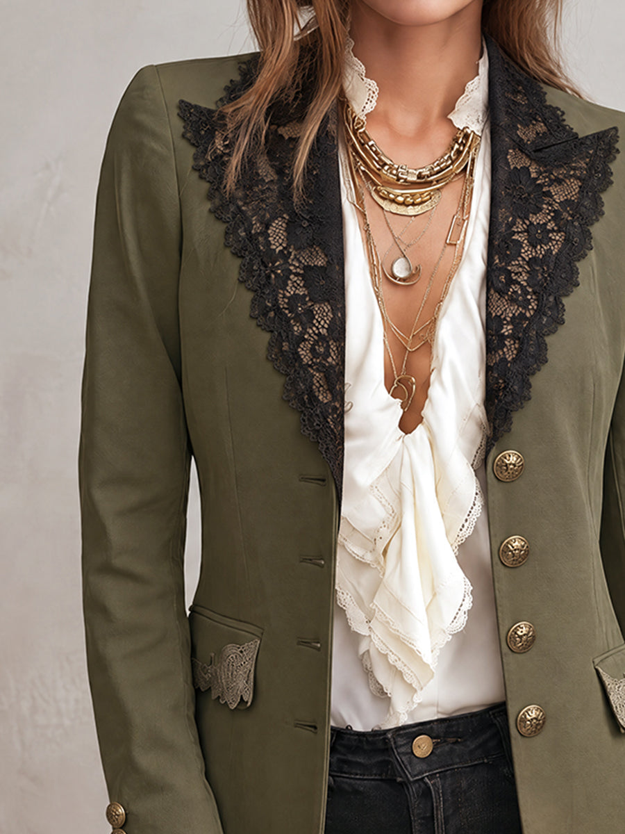 Hyacinthe | Blazer Vert Olive à Revers en Dentelle