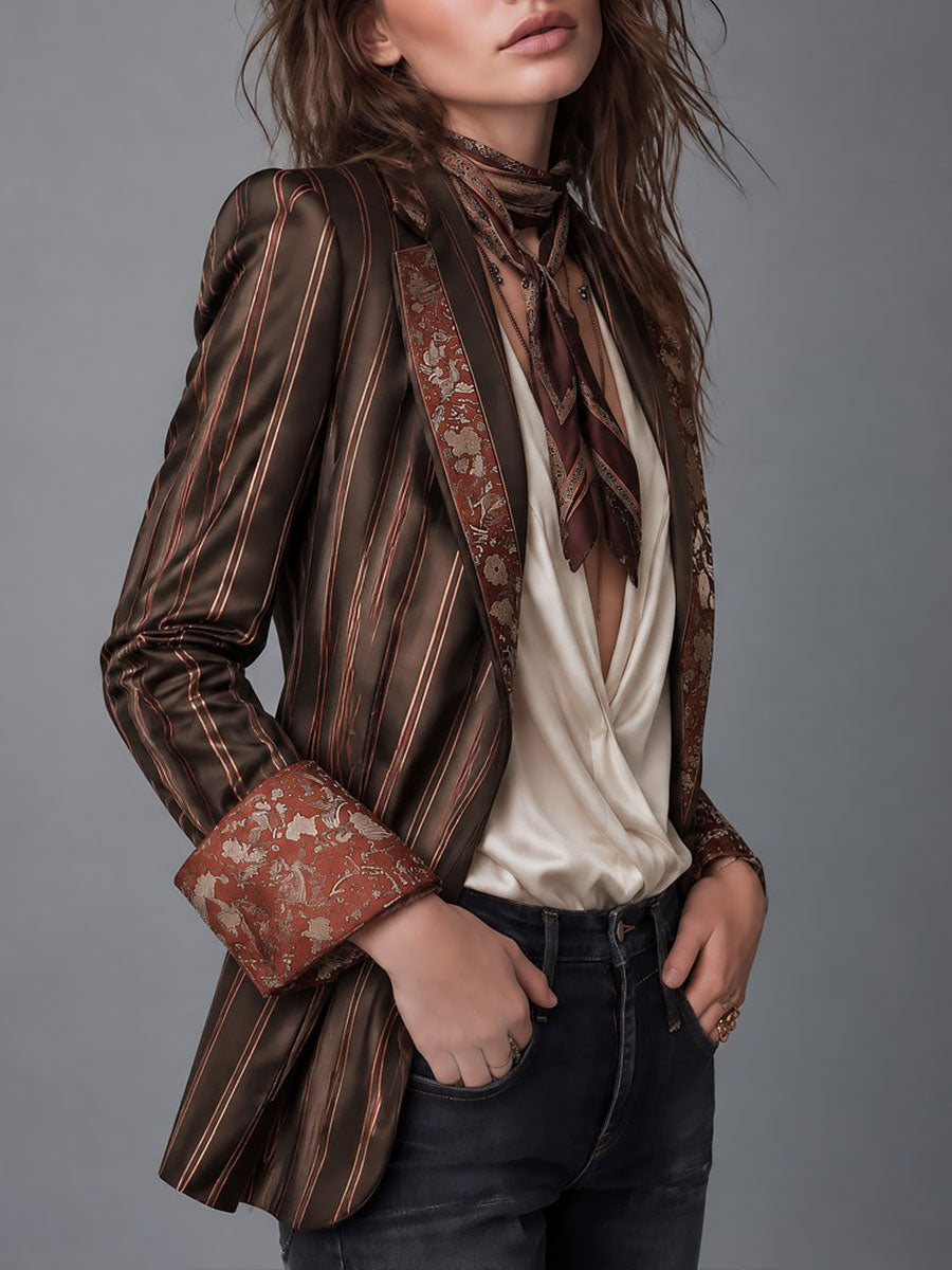Pervenche | Blazer Satiné Rayé à Galons Brocart