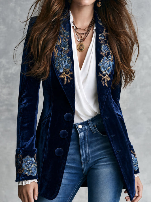 Iseult | Blazer en Velours Bleu Marine Brodé d’Or