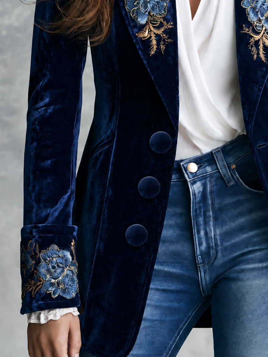 Iseult | Blazer en Velours Bleu Marine Brodé d’Or