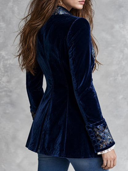 Iseult | Blazer en Velours Bleu Marine Brodé d’Or