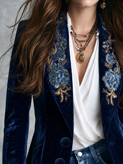 Iseult | Blazer en Velours Bleu Marine Brodé d’Or