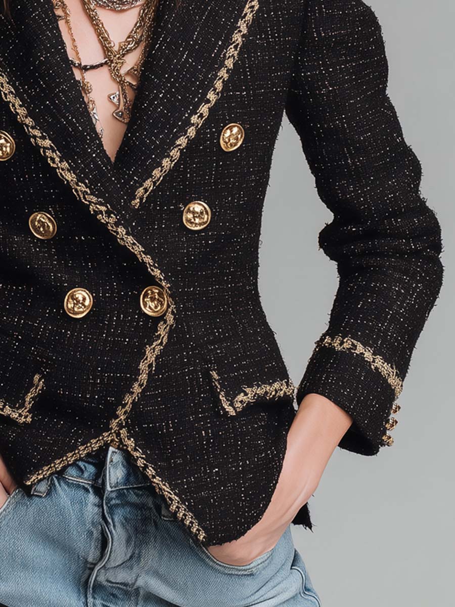 Maïwenn | Blazer Croisé en Tweed à Finitions Dorées