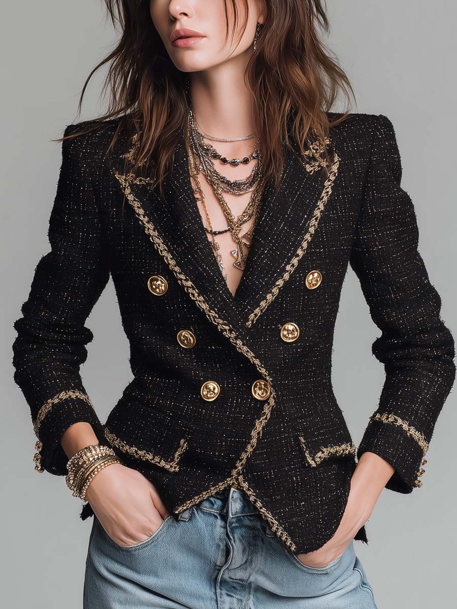 Maïwenn | Blazer Croisé en Tweed à Finitions Dorées