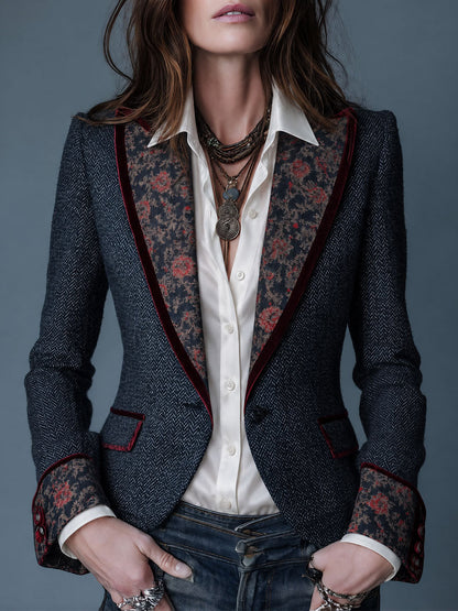 Laurine | Blazer Chevrons à Revers en Velours Fleuri
