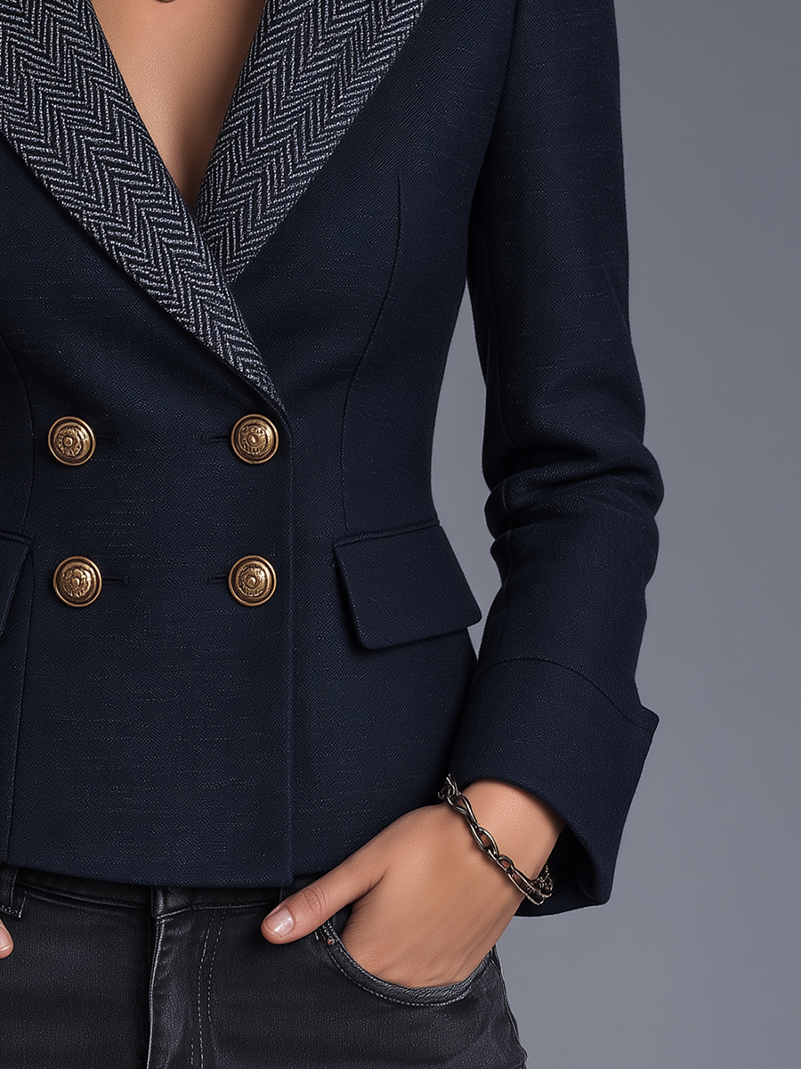 Philomène | Blazer Croisé Bleu Marine à Chevrons