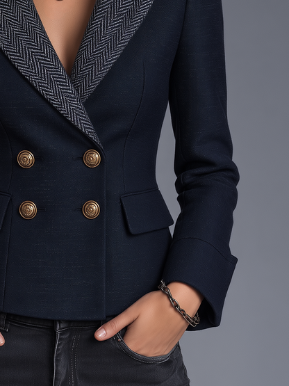 Philomène | Blazer Croisé Bleu Marine à Chevrons