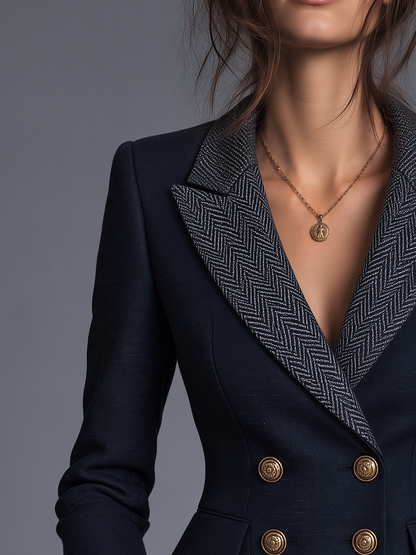 Philomène | Blazer Croisé Bleu Marine à Chevrons