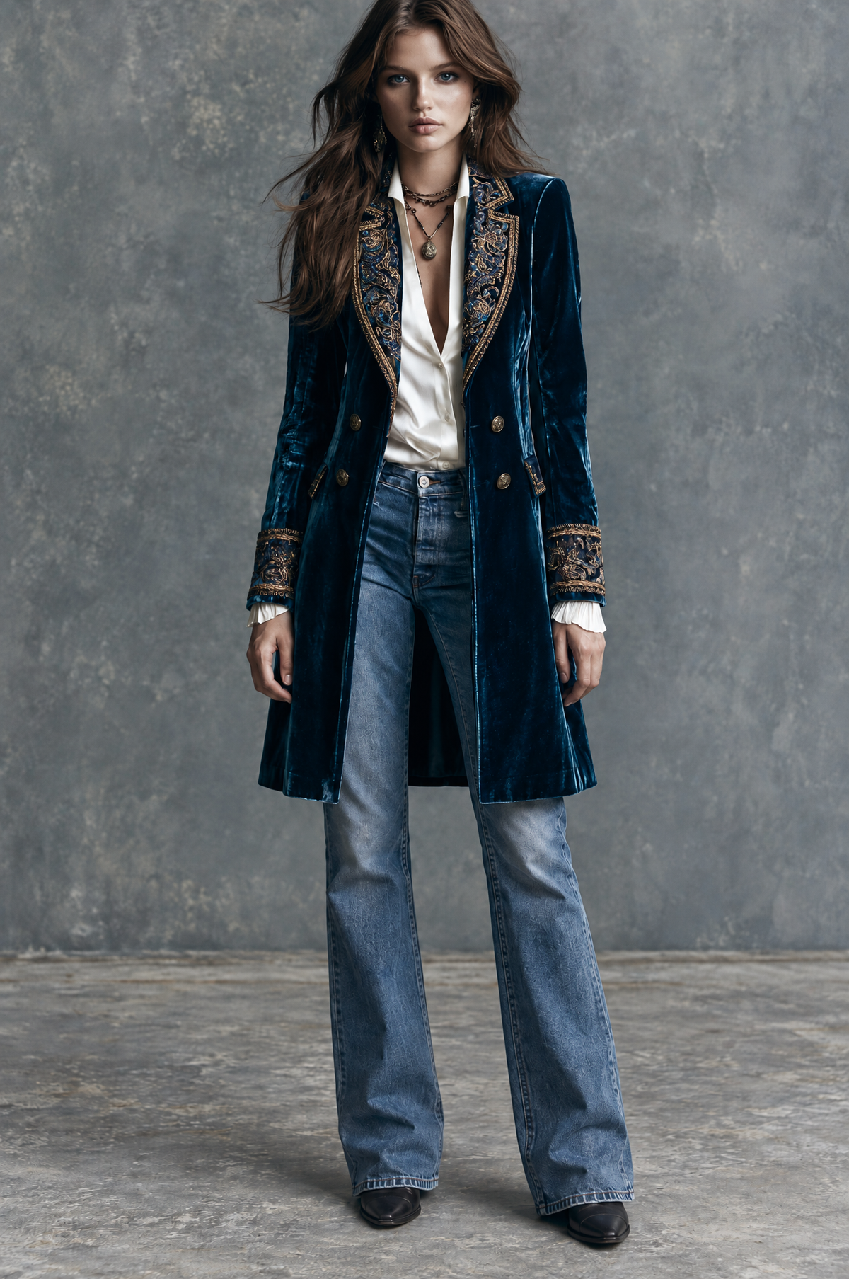 Théodora | Blazer Mi-Long en Velours Bleu Profond Brodé d’Or