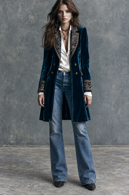 Théodora | Blazer Mi-Long en Velours Bleu Profond Brodé d’Or