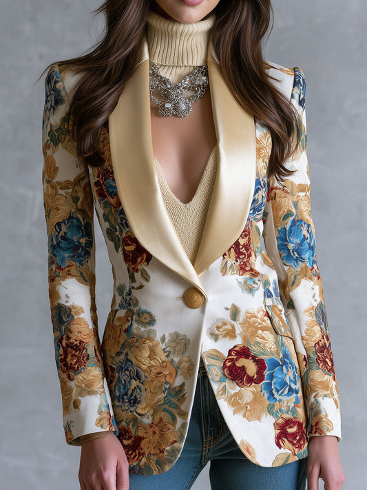 Sylvaine | Blazer Bohème Fleuri à Col Châle Satiné