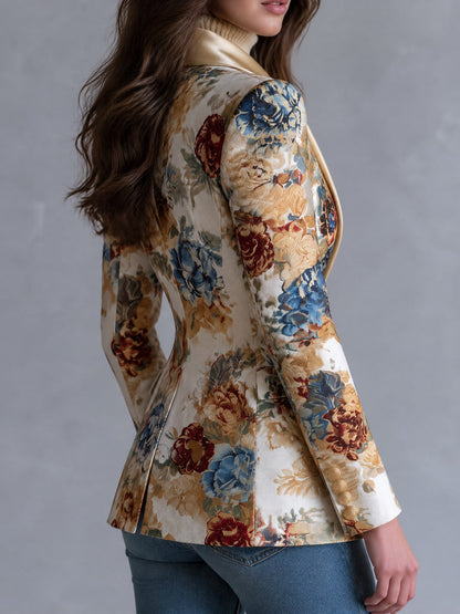 Sylvaine | Blazer Bohème Fleuri à Col Châle Satiné