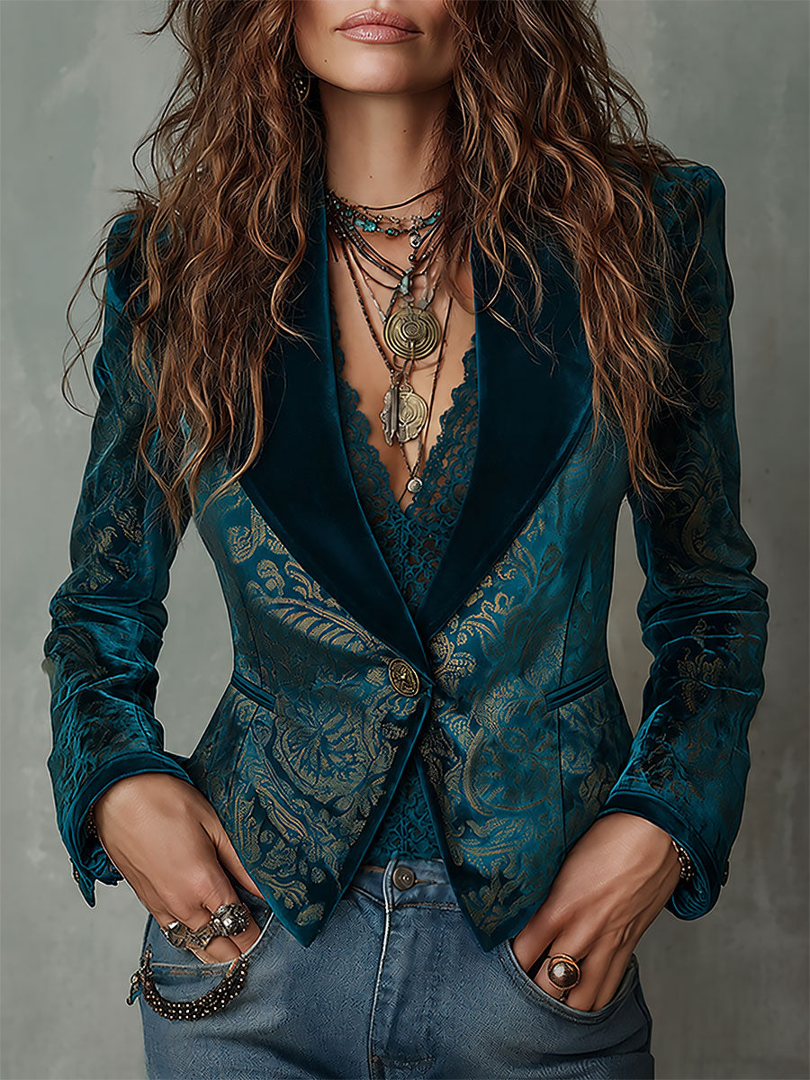 Soline | Blazer Bleu Canard et Or à Col Châle