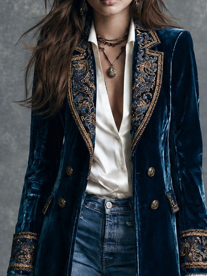 Théodora | Blazer Mi-Long en Velours Bleu Profond Brodé d’Or