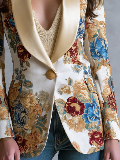 Sylvaine | Blazer Bohème Fleuri à Col Châle Satiné