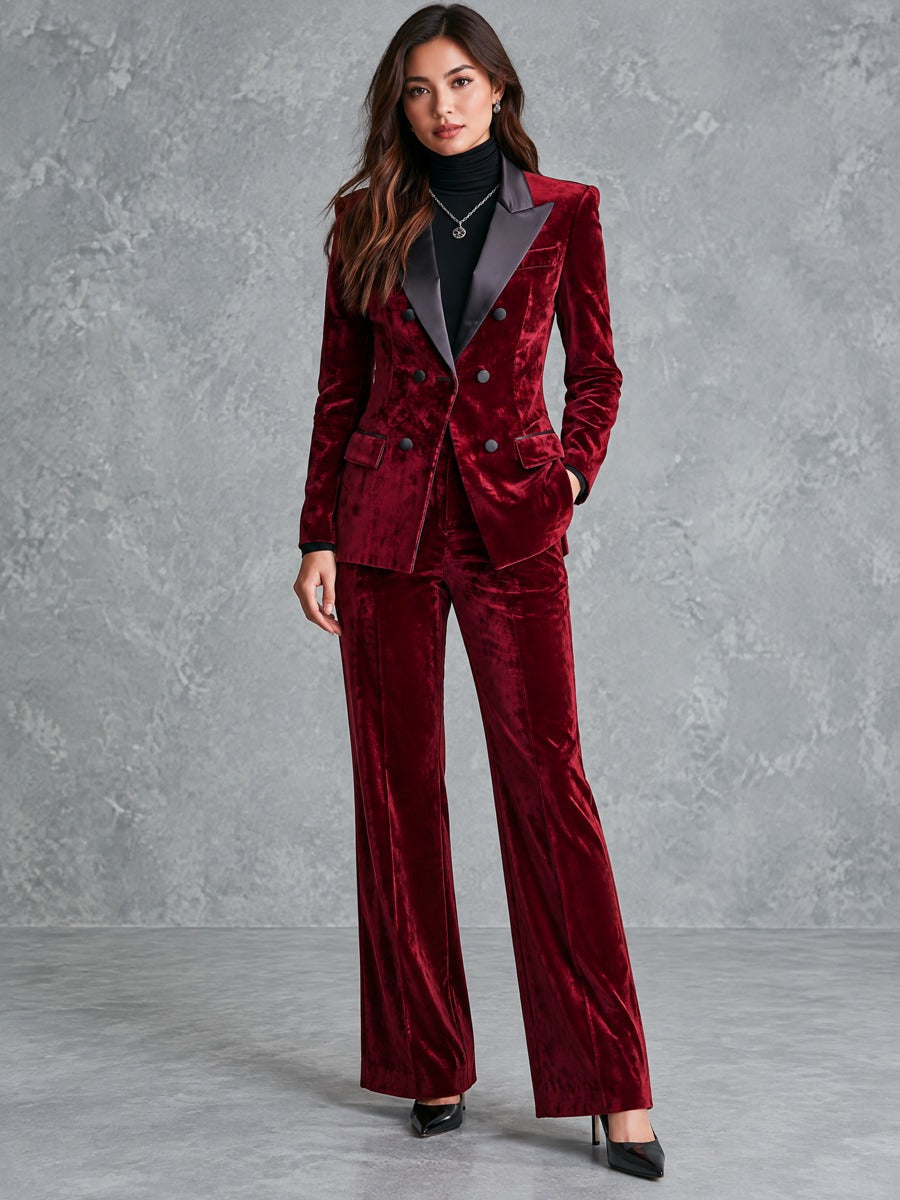 Victorine | Blazer Croisé en Velours Bordeaux à Revers Satinés