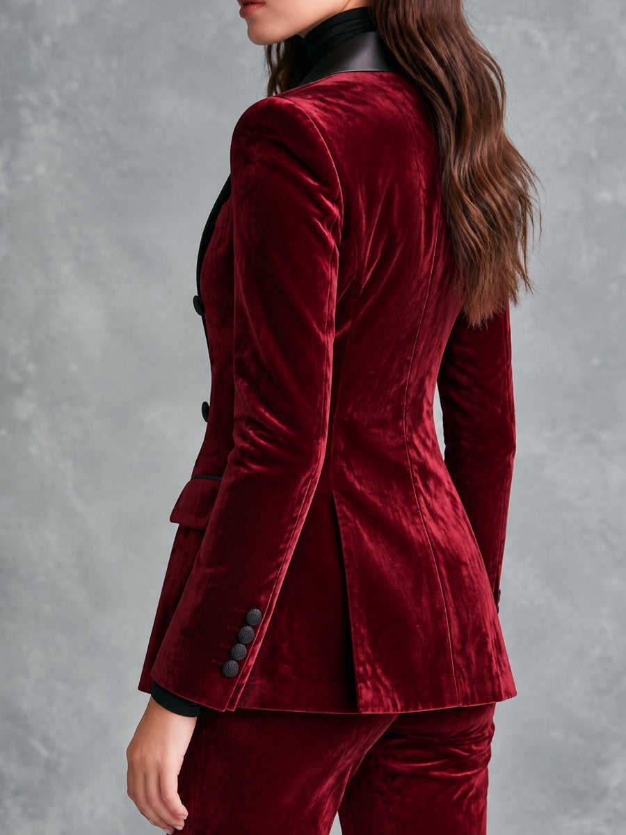 Victorine | Blazer Croisé en Velours Bordeaux à Revers Satinés