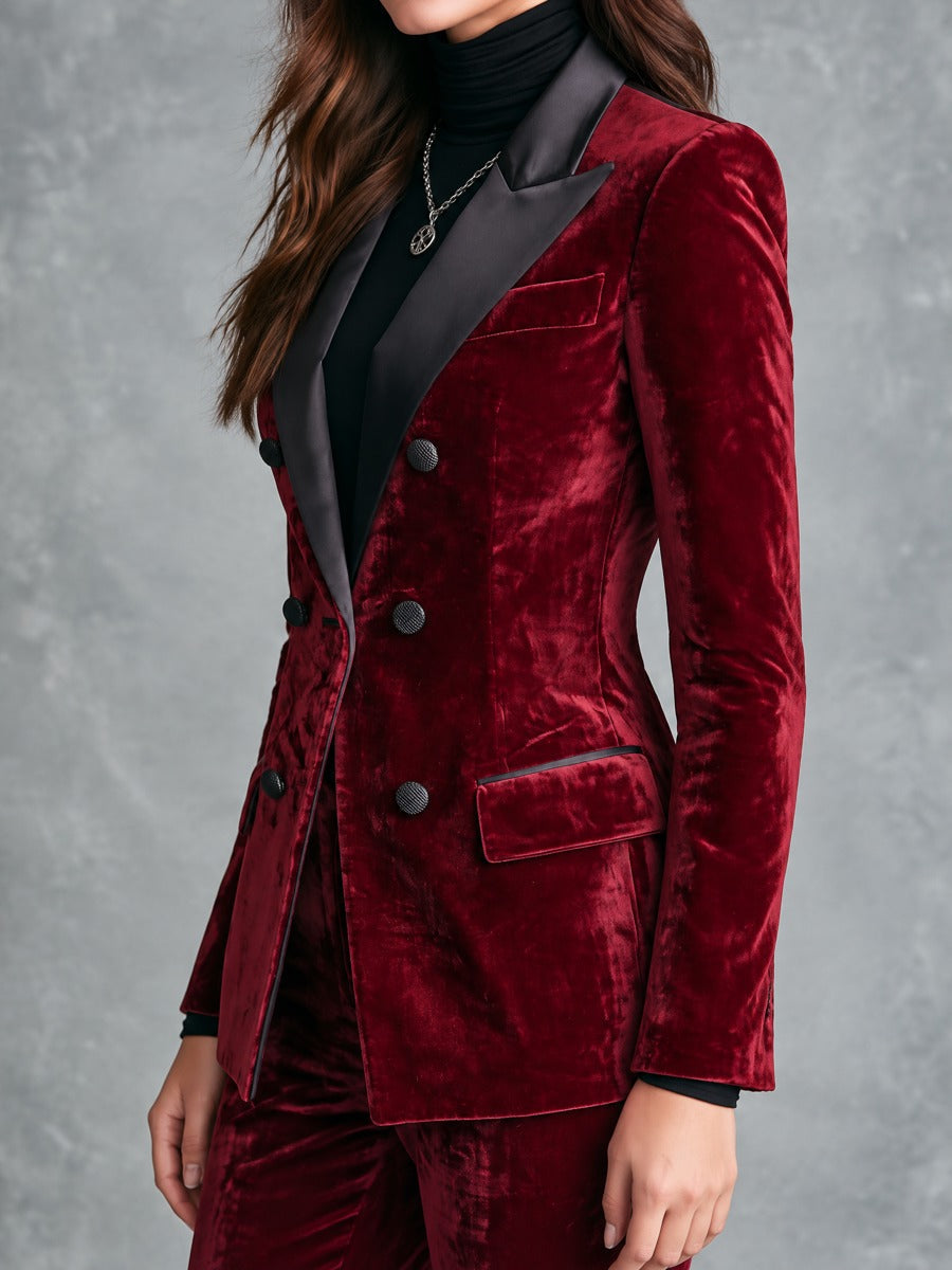 Victorine | Blazer Croisé en Velours Bordeaux à Revers Satinés