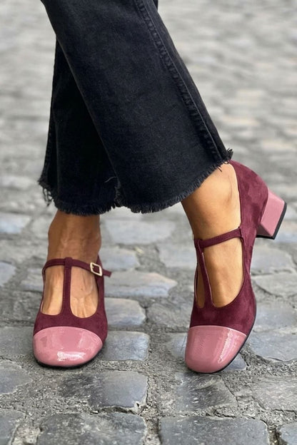 talons chunky violets à bout rond et bride en T à boucle color block.