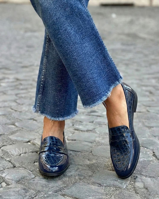 Mocassins penny élégants effet croco Bleu Marine en cuir PU verni